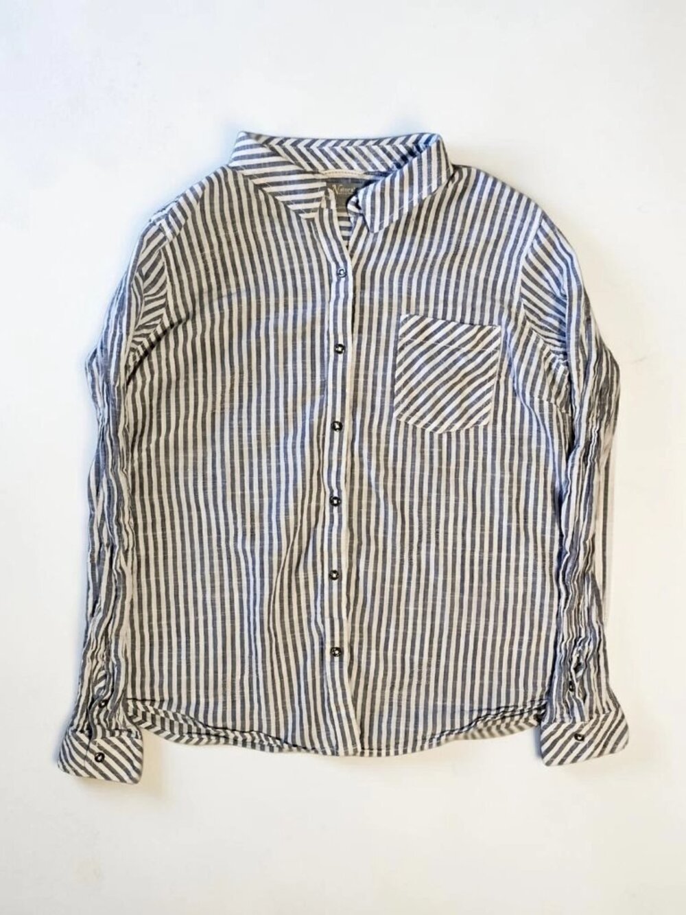 Natural Reflections Blue White Striped Shirt Size L Button Front Ruffled Sleeves